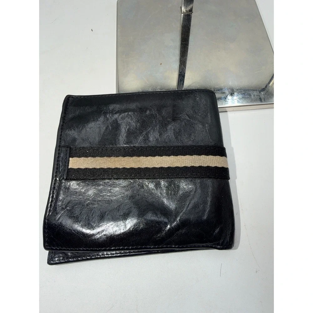 Bally Mens Black Leather Trainspotting Bifold Wallet with Coin Pocket Stripe